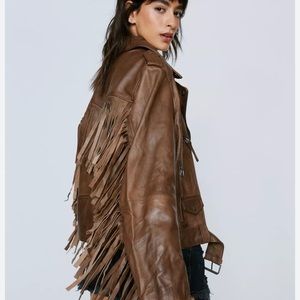 Leather belted fringe biker jacket